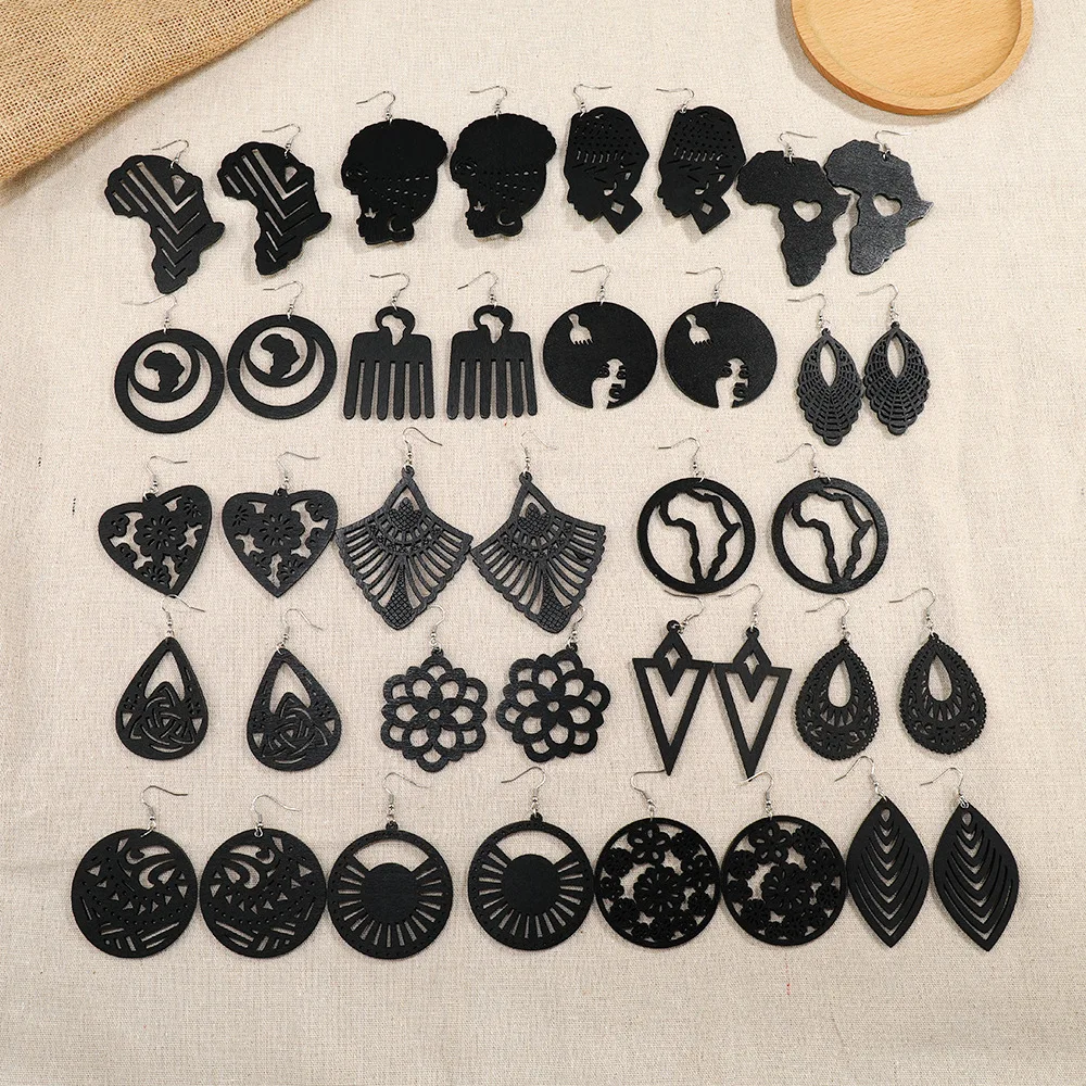 European and American Hot Selling Hollow Black Wood Earrings Female Fashion Geometric Creativity Tribal Wood Earrings