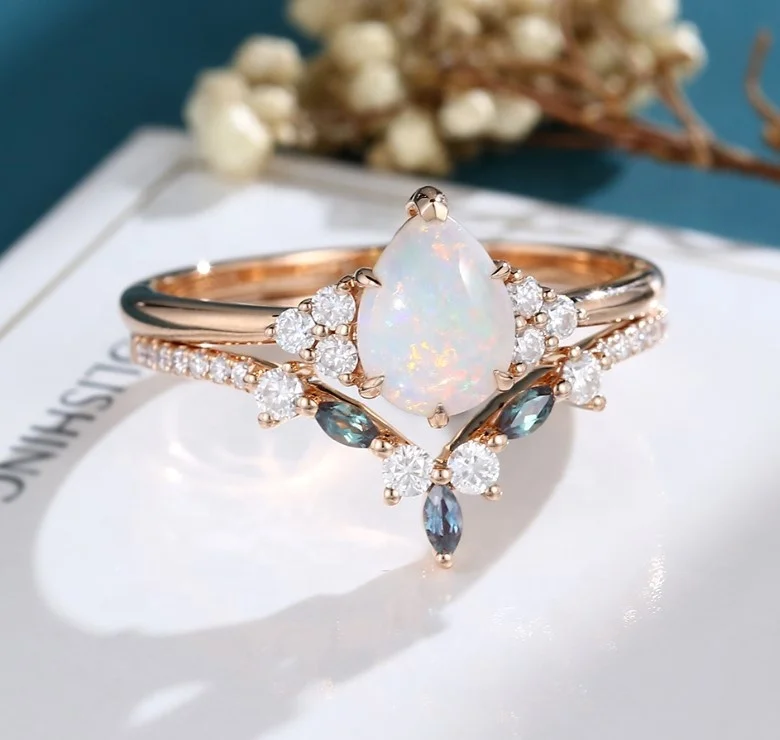 White Opal Jewelry 925 Sterling Silver Rose Gold Plating Pear Shape White Opal Women Fine Ring Set