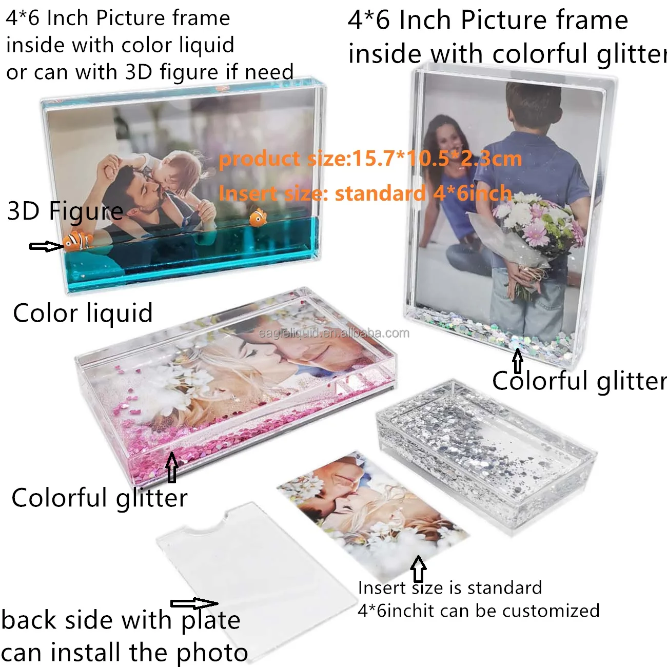 Picture Water And Glitter Clear Acrylic Sparkle Photo Frame 5x7 Quicksand Flowing Water Picture Frame