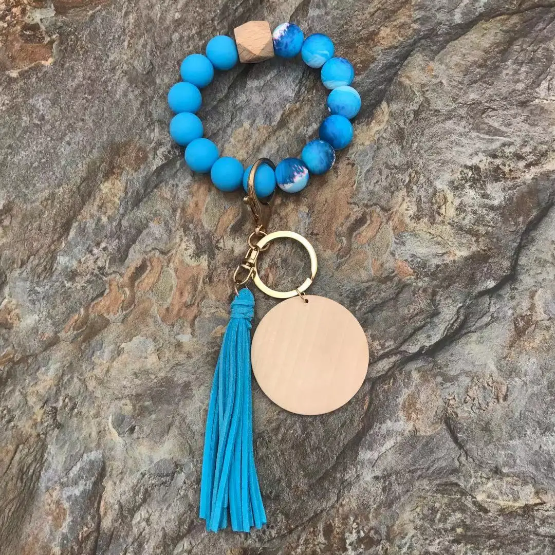 Wholesaler Silicone Bead Bracelet Keychain With A Wooden And Round Wood