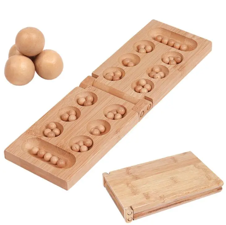 Mancala Board Game Africa Mancala Stones Chess Set Beads Bamboo Board & Original Wood with Folding for Kids and Adults