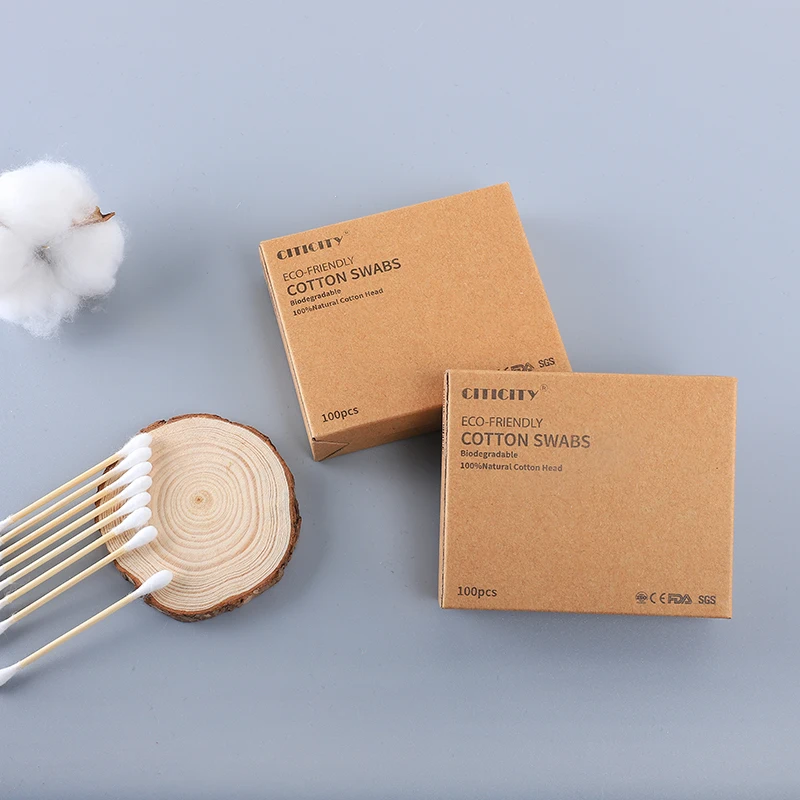 Custom Made 100PCS 100% eco friendly  bamboo Stick Cotton Swabs Double Round Head