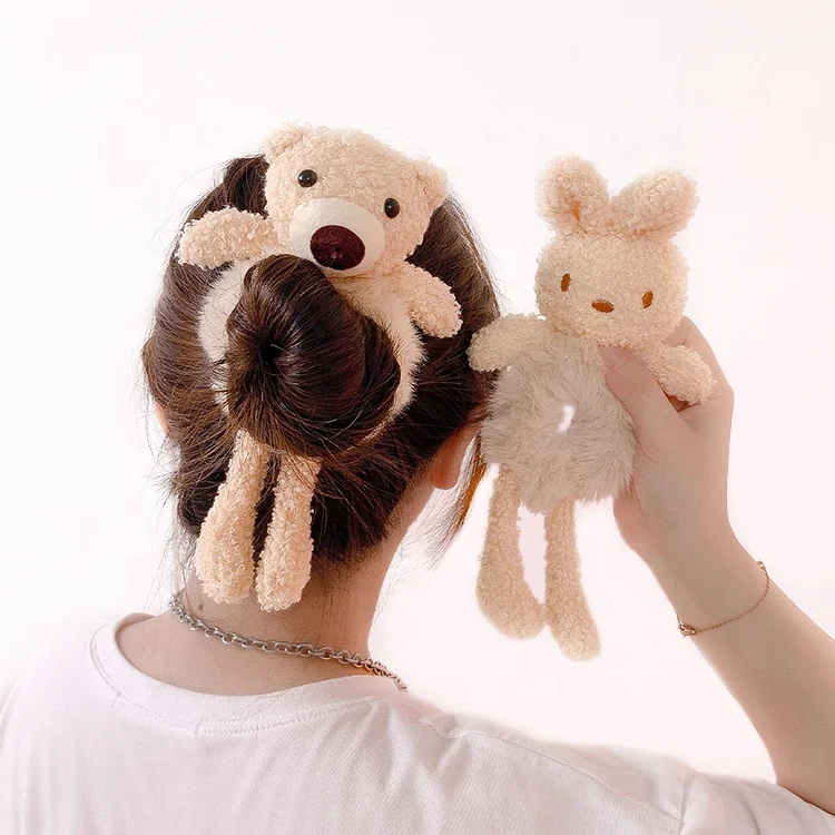 New arrival cute plush bear hug sweet elastic hair ties 100 pcs thick seamless brown hair ties