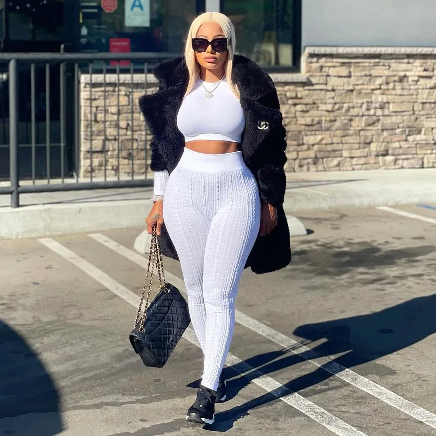 Fashion Plus Size Women Clothing Trendy Sweater Sexy Jogger Set Women Faux Fur Crop Top Tracksuit Sweatshirt Two Piece Pants Set