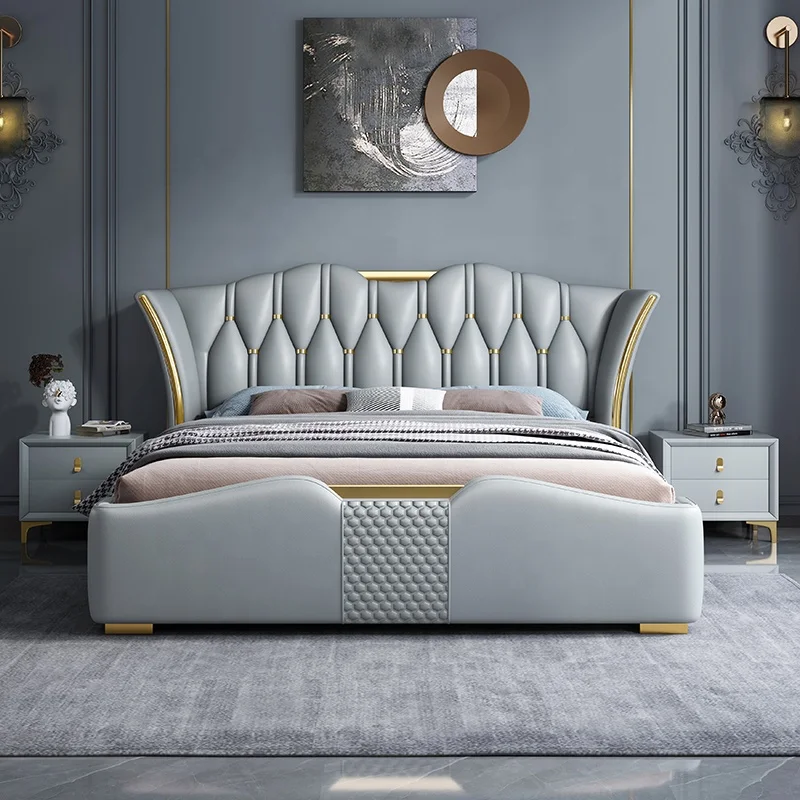 Italian bedroom set furniture, American king size bed modern latest double leather luxury storage queen soft bed