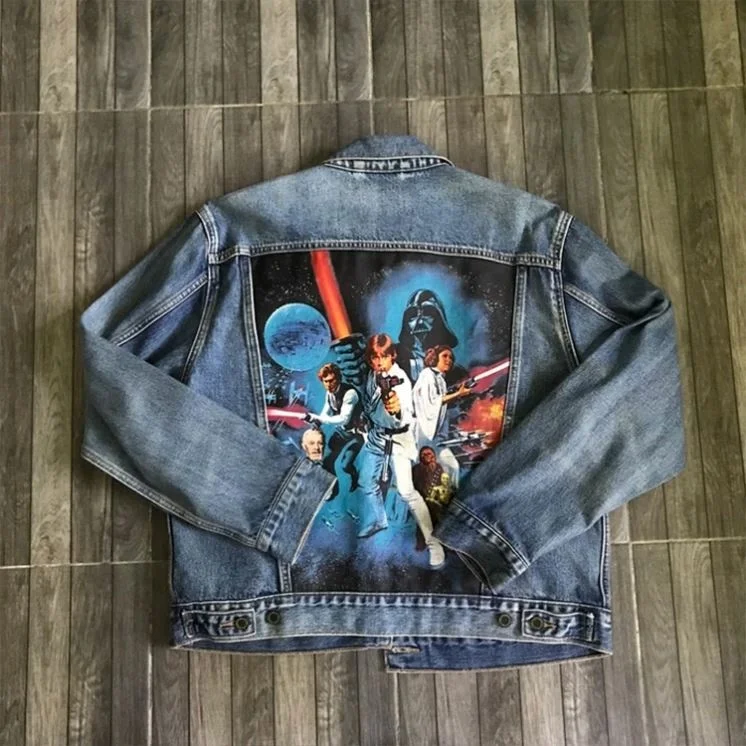 Streetwear new designed dark blue colorful pattern printing denim good quality jacket wholesale men stylish jeans jackets