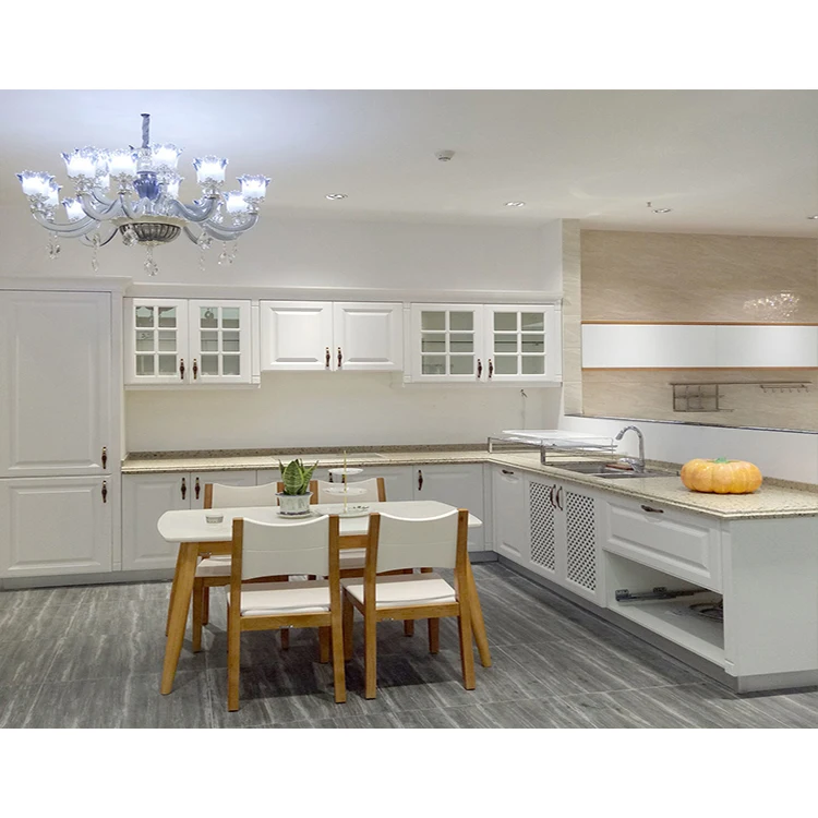 Home hotel wooden cabinet furniture design modern pearl white pvc membrane modular kitchen cabinets sets with granit tops