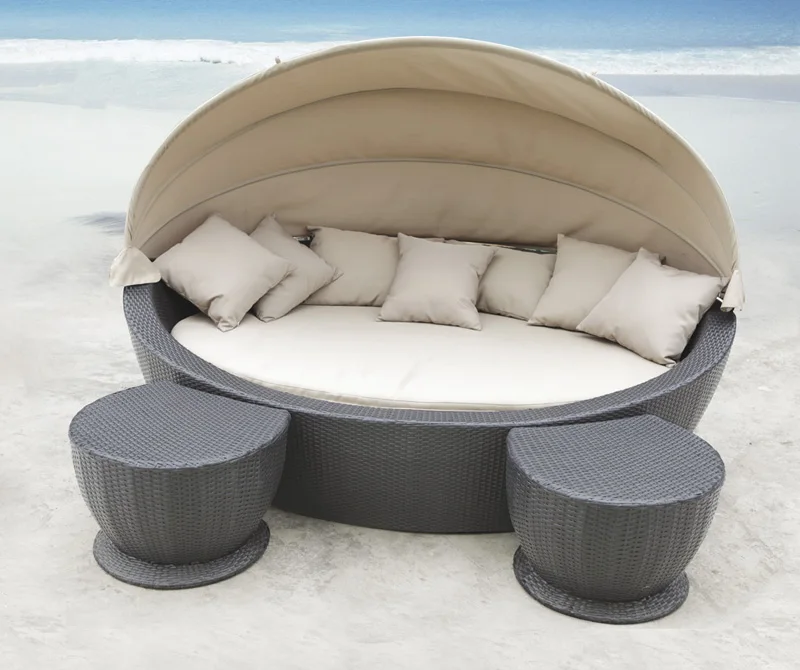 Outdoor furniture swimming pool beach aluminum rattan round leisure sunbed with awning