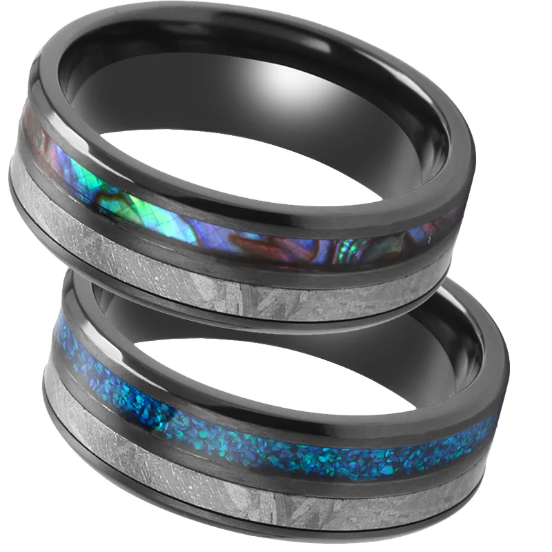 Zirconium Bands blue opals abalone inlay black tungsten titanium meteorite ring wedding ring for men