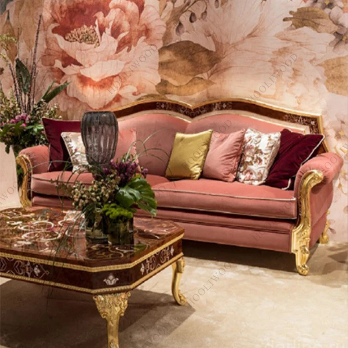high end antique luxury pink and gold rococo style sofa sea shell French rococo living room furniture for girl women lady
