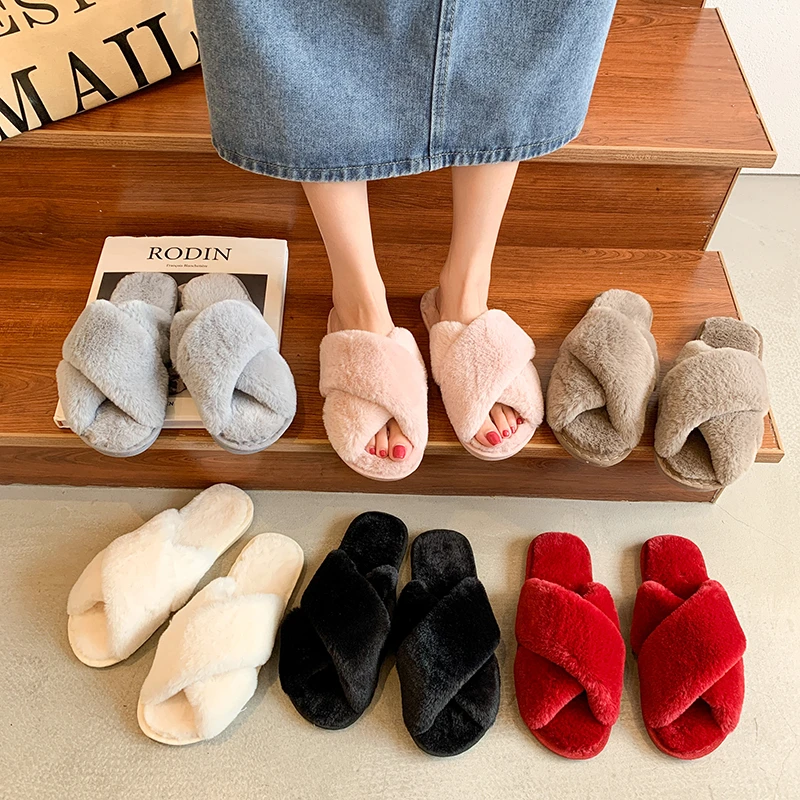 Winter Home Slippers Shoes Ladies Cross Soft Plush Furry Female Open Toe Slides Women Warm Faux Fur Slippers