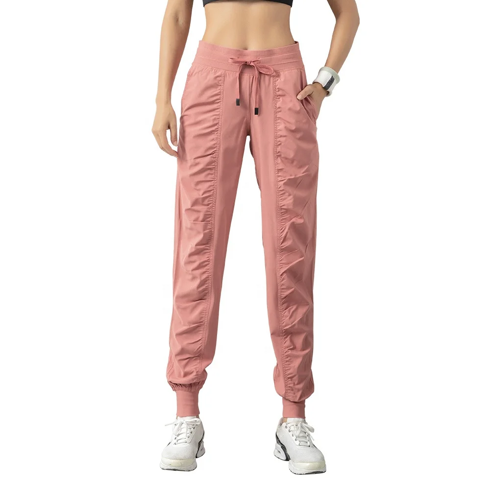 Summer women draw rope fold quick dry running fitness lightweight straight leg corset sports pants