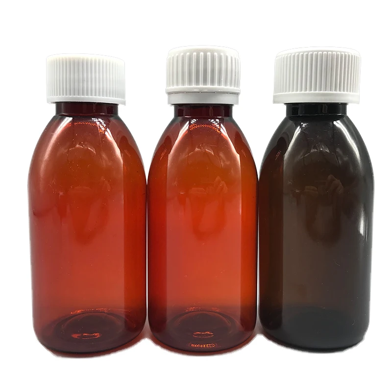 Without scale Pharmaceutical 4oz 125ML pet plastic amber brown syrup bottle with 15ml/30ml measuring cup