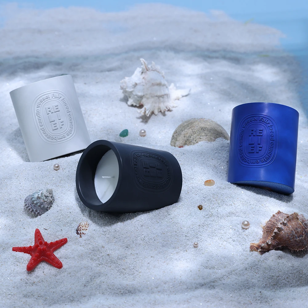 Custom Embossed Dembossed Logo Luxury Essential Oil Soy Wax 10oz Cement Concrete Scented Candles without Lid