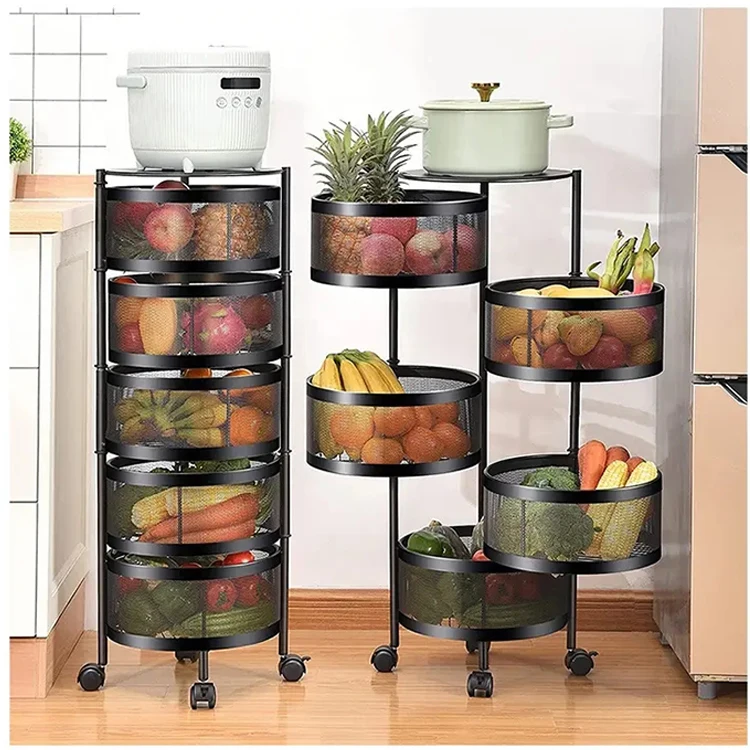 Kitchen Storage Rack 2/3/4/5 Tier Rack Rotatable Storage Vegetable Basket 360 Degree Rotating Baskets Rack With Wheels