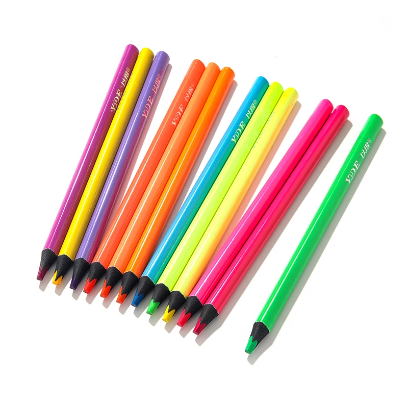 12 Colors Jumbo Color Pencil Set Fluorescent Lead Core and Paint Black Wood Pencil for Drawing