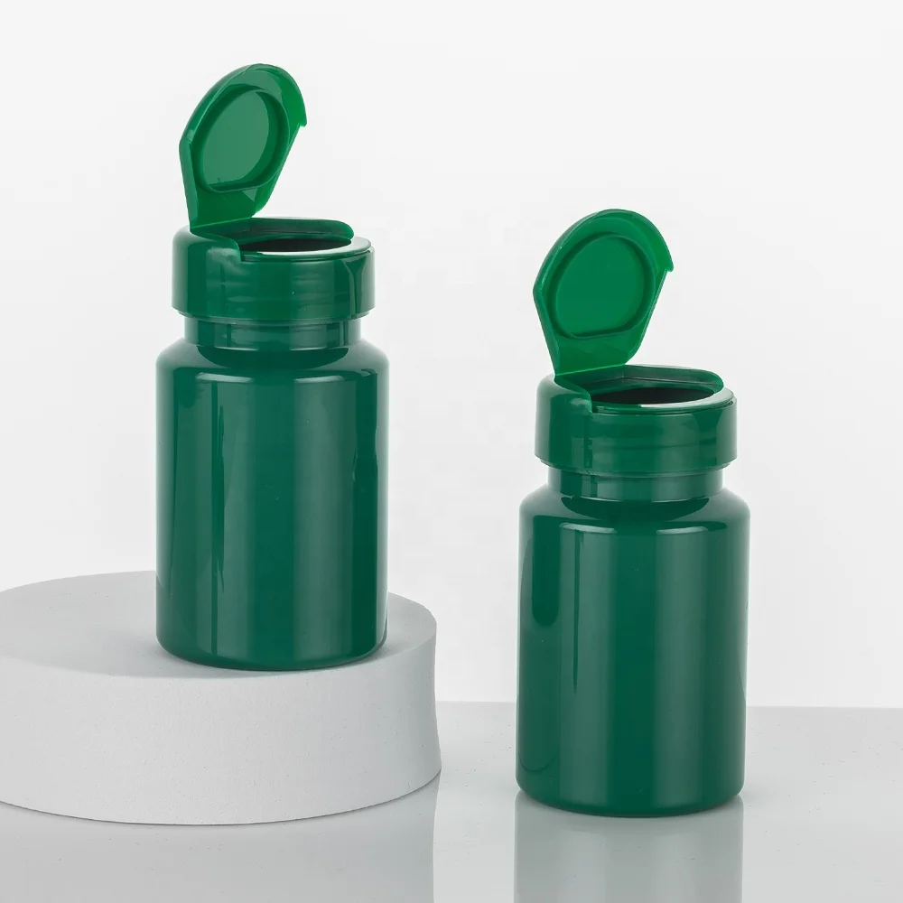Wholesale Tablet Bottle Supplement Bottle 100cc 150cc Green PET Plastic Food Grade Jar With Flip Top Cap