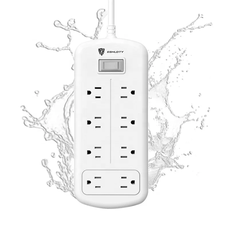 Wall Mount Outlet Power Socket with Ground Plug 8 Sockets Waterproof Power Strip for Home School Office Travel White