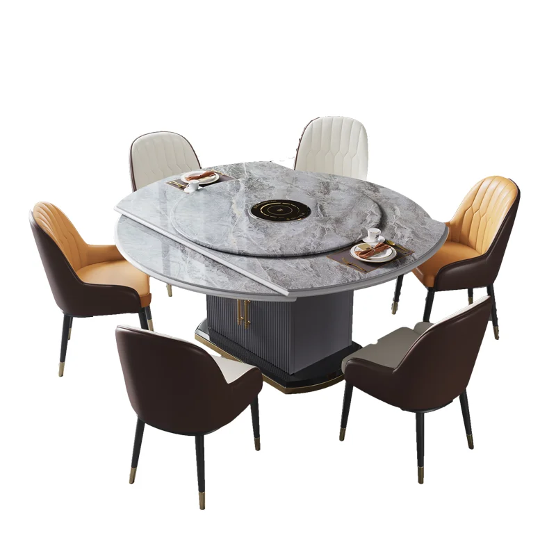 Italian shiny stone solid wood dining table and chair set, minimalist home multifunctional induction cooker turntable