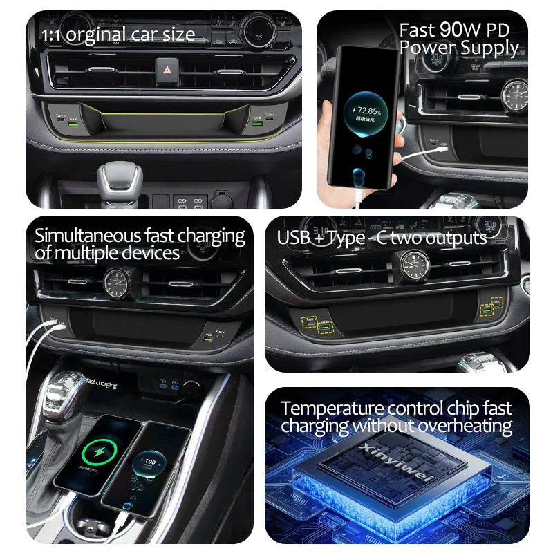 90W High Quality Fast Chargers Expansion Dock Car Charger 4 ports  USB Hub Docking Station for Toyota Highlander Crownkluger