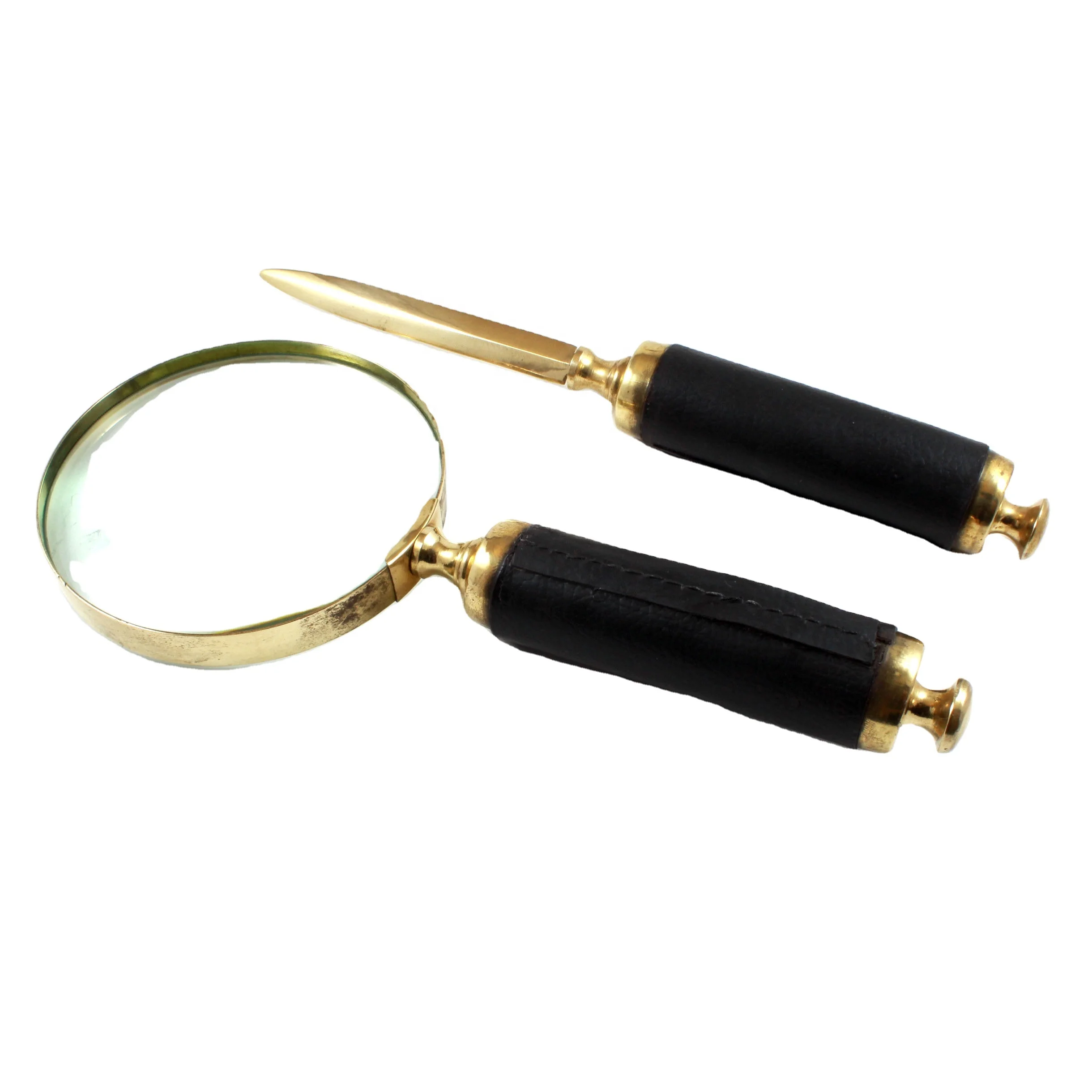 Brass Nautical Hand held Magnifier Magnifying Glass Lens with Letter Opener Curvy Handle Grip MG527