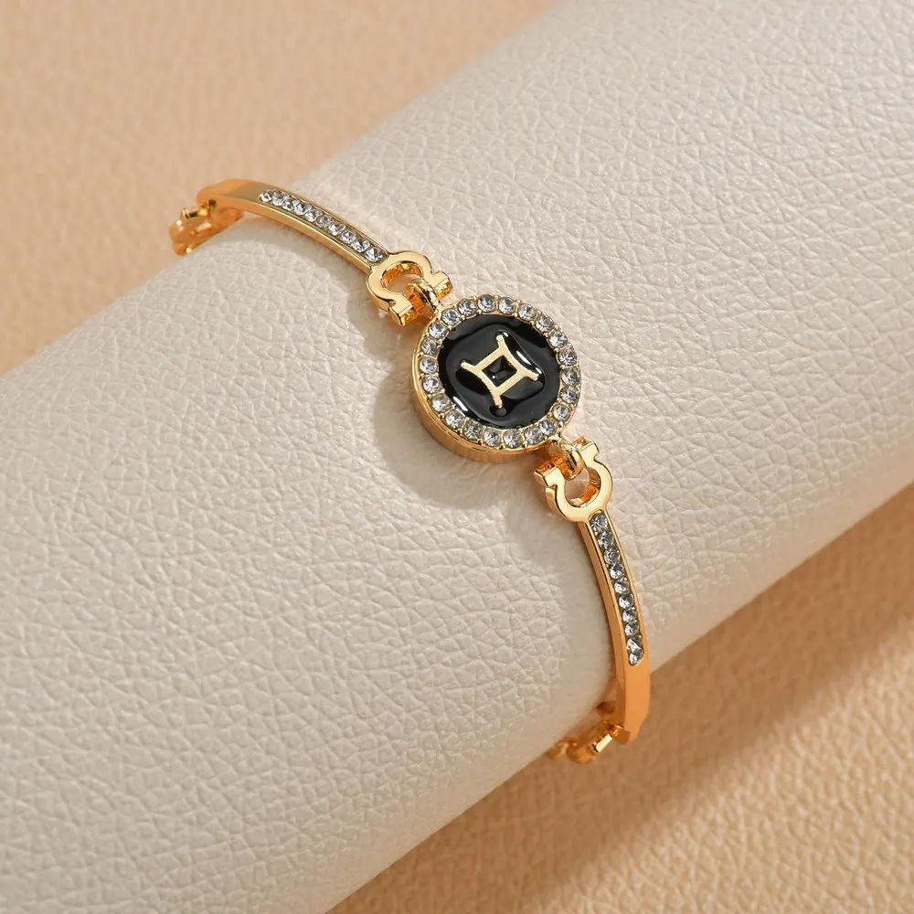 12 Design Zodiac Bracelets Bangles Jewelry Round Horoscope Astrology Bracelet Gold Color Diamond Pendant Charms Bracelet