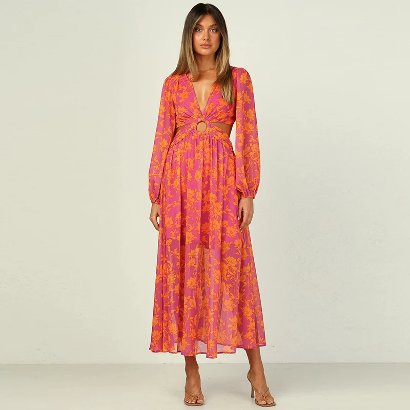 Spring Summer long sleeve backless cut out floral print chiffon dress