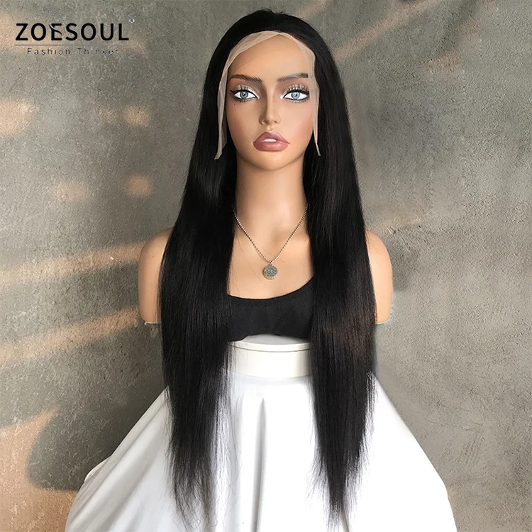 High Quality 13X4 Lace 28 Inch Black Natural Straight Human Hair Blend Lace Front Wig For Black Women