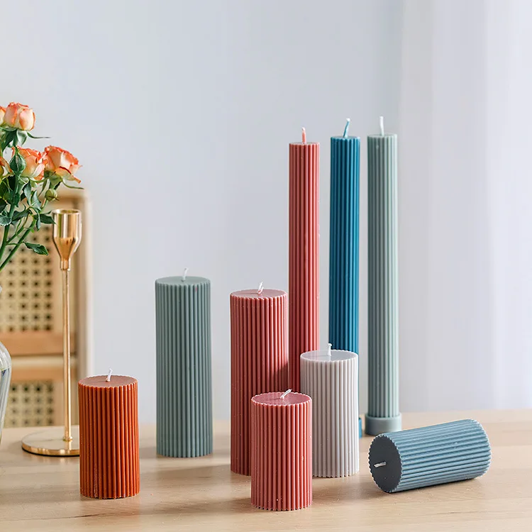 Wholesale Custom Luxury wedding home decoration colored round shaped 100% natural strip cylinder long pillar soy wax candle