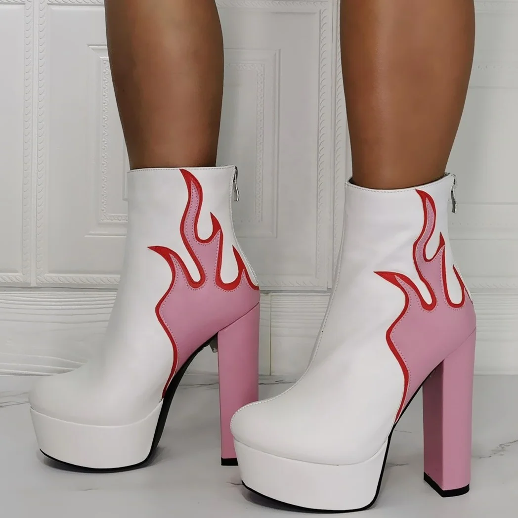 High Chunky Heel Platform Contrast Color Fire Print Women Winter Ankle Boots Customized Big Size 47