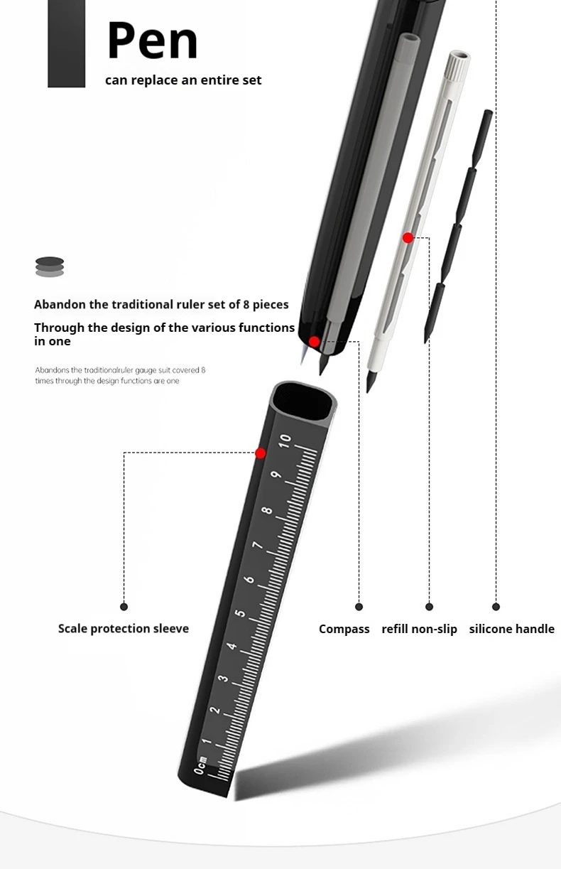 Erasable Pen-Shaped Compass Set with Ruler, Wholesale for Professional Drawing, Suitable for Students