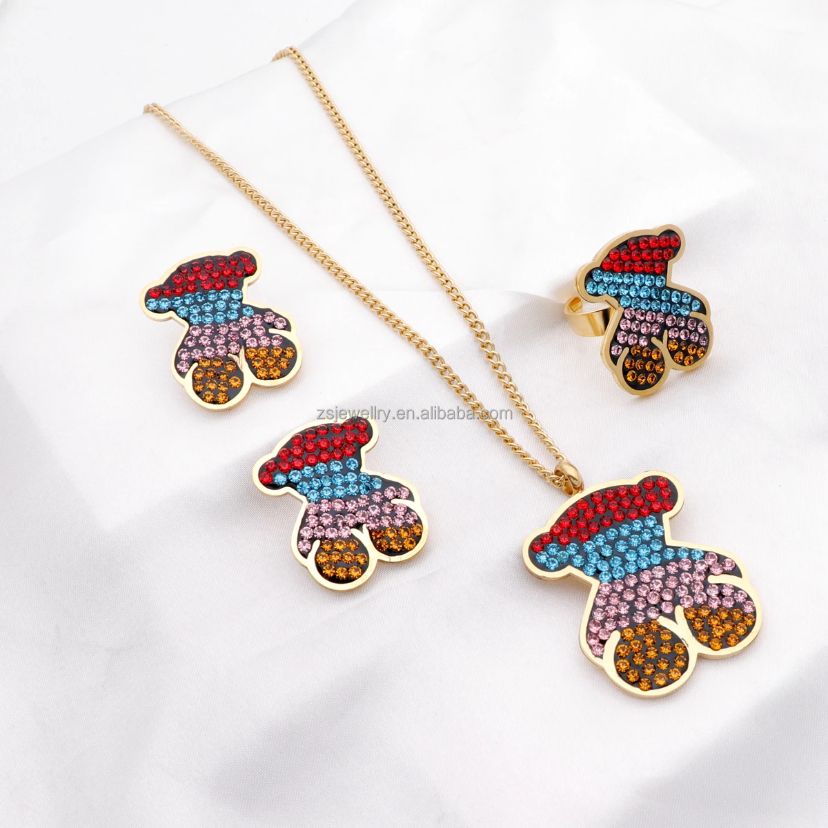 Fashion Kids Gold Plated Girl Stainless Steel Jewelry Ring Enamel Colorful African Set Cute Design Stone Design Jewelry Sets