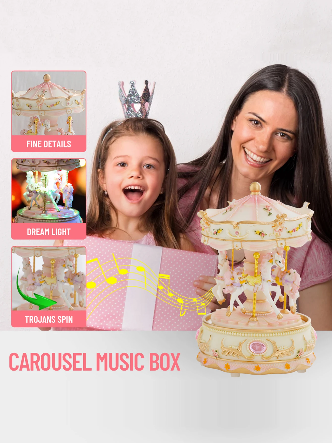 Popular Polyresin Decoration Merry-go-round Pink Birthday Christmas Gift Music Box