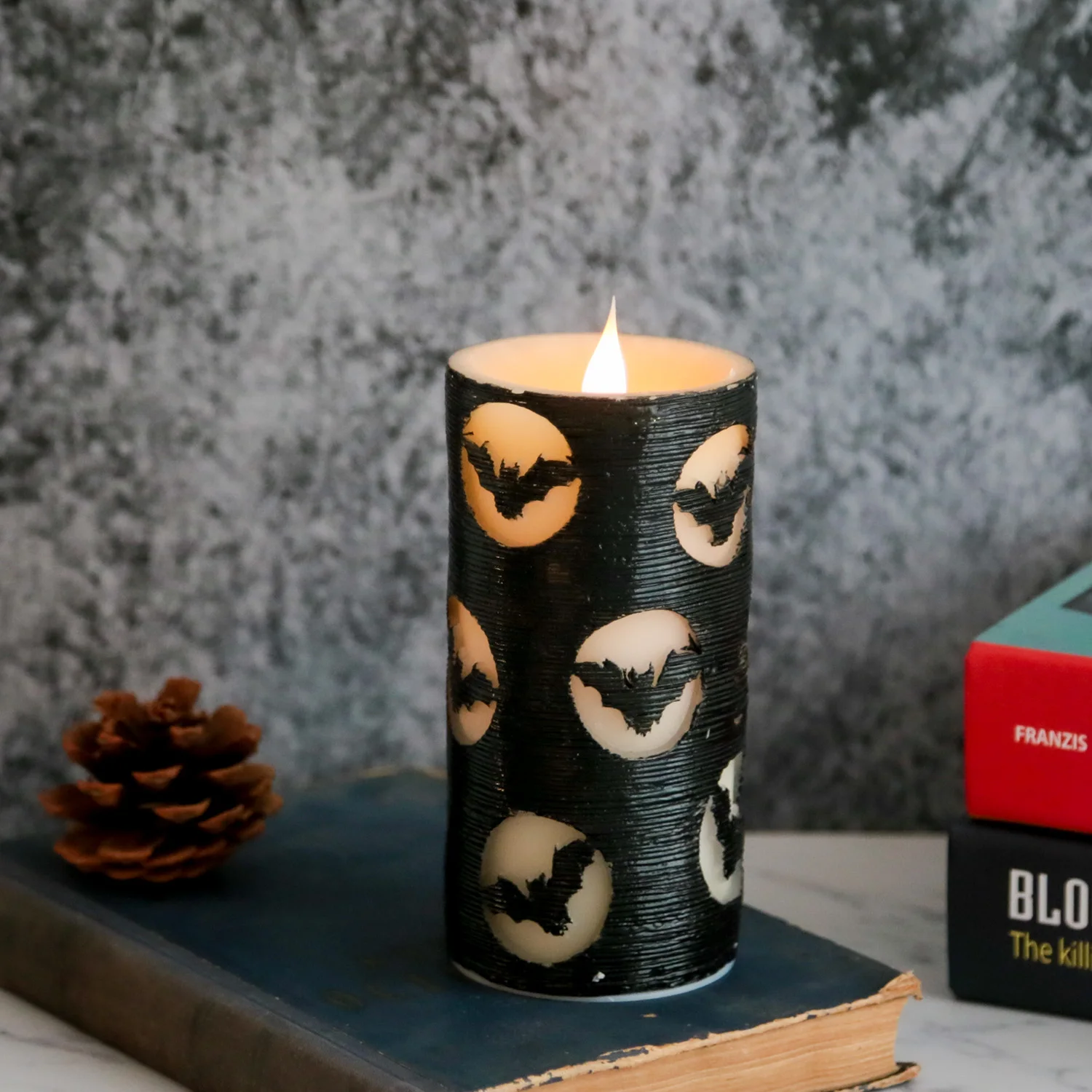 
flameless black color flame candle for halloween pillar glitter flickering led candles led light 