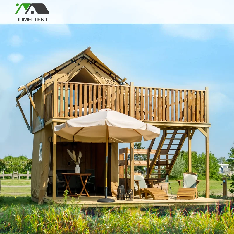 Luxury camping safari tents outdoor waterproof grade 8 windproof double-layer wooden glamping safari tent