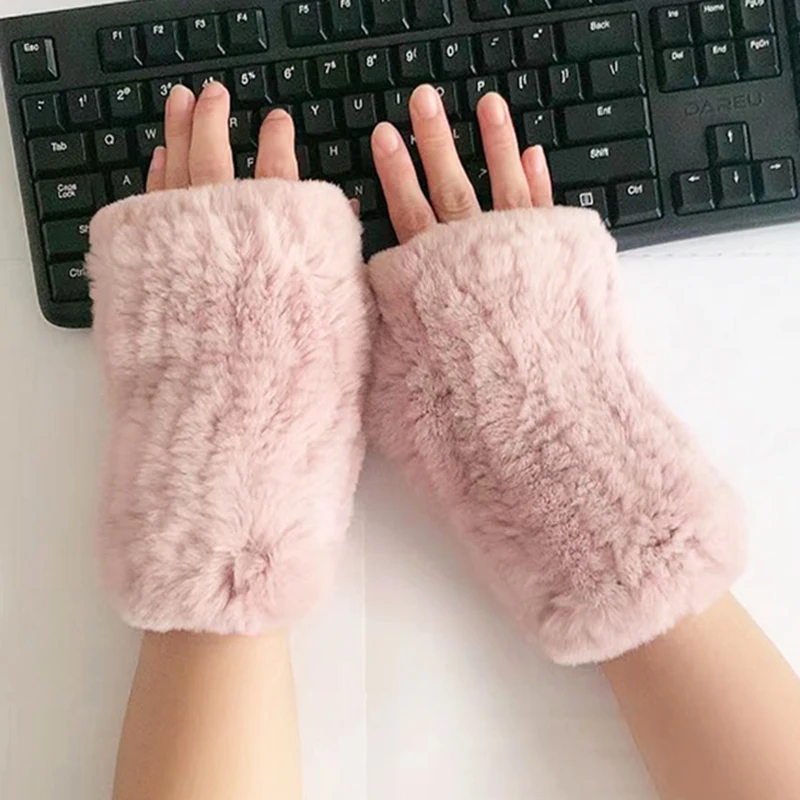 YR019 Basic Style Thick Hand Knit Warm Top Quality Real Rex Rabbit Hand Knit Open Toed Gloves