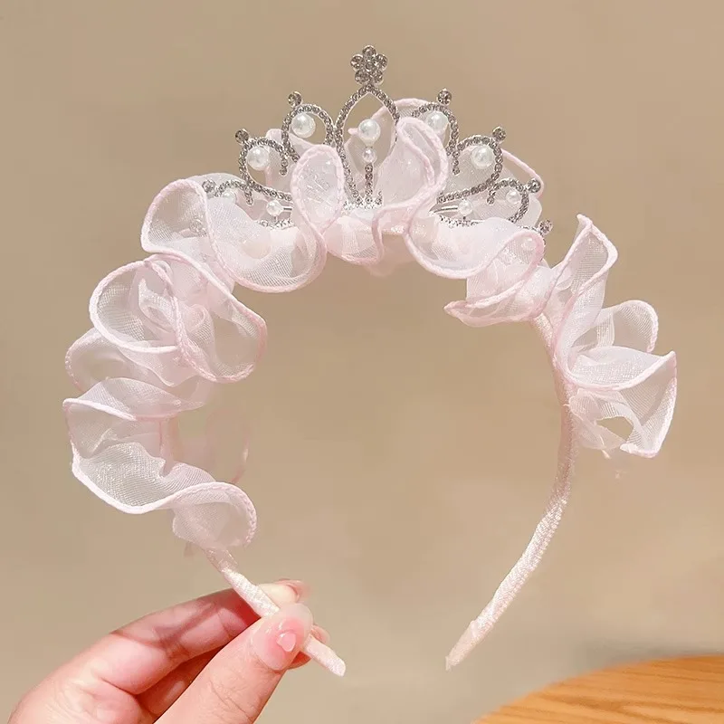 Princess Temperament Crown Tiara Little girl Gauze bow Pearl headband Pleated lace embroidery headband Headband