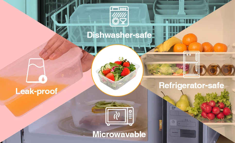 500ml-1000ml Clear Black white Rectangular Disposable PP Food Box Take Away Microwaveable Plastic Food Containers