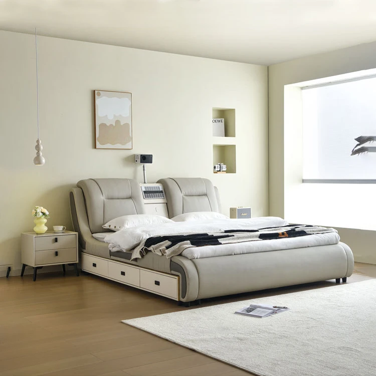 Luxury Multifunctional Queen Double Leather Bed Home Bedroom Furniture Modern Wooden King Size Smart Bed With Tv Projector