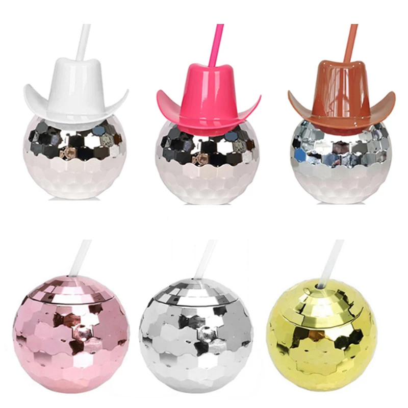 20oz 600ml Glitter Mirror Led Party Cowgirl Silver Custom Logo Plastic Disco Ball Drinking Cups Cup with Straws Cowboy Hat