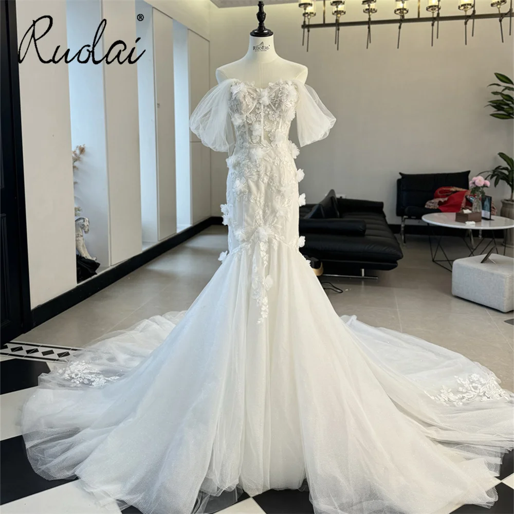 Ruolai QW02082 Mermaid Off Shoulder Sweetheart 3d Appliques Bridal Lace Wedding Gown Dress