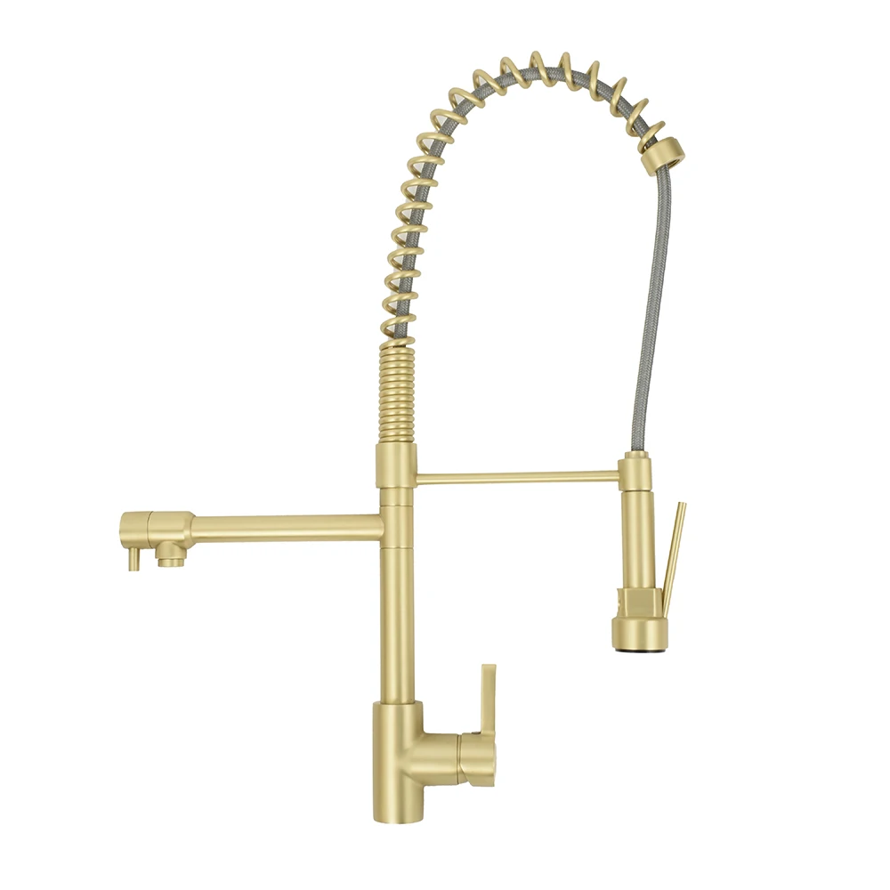 Brushed Gold Commercial Spring Faucet Pull Out Kitchen Mixer Taps