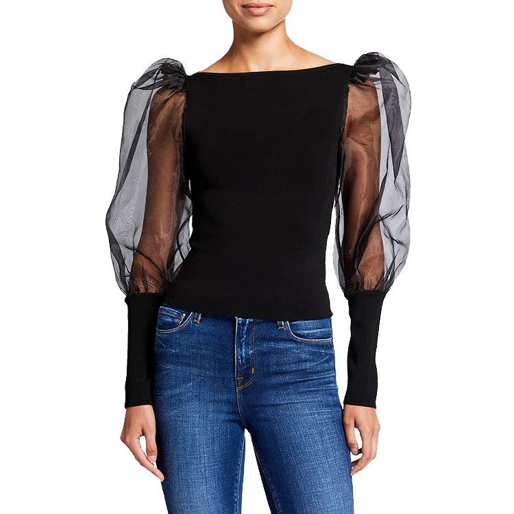 Autumn Fashion Girl Pullover Clothes Top Women Blouse O Neck Sheer Puff Sleeve Boat Neck Sweaters Women Tops