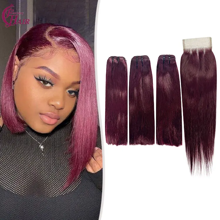 FH Double Drawn 3 Human Hair Bundle with Closure Set  4x4 Straight  Lace Closure 100% Real Hair 99j Colored Machine Weft