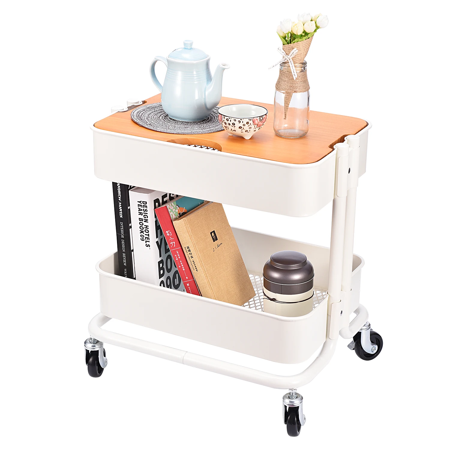 DSH Utility Storage Cart Carbon Steel 2 tiers Rolling Household Storage Trolley With Wood Board