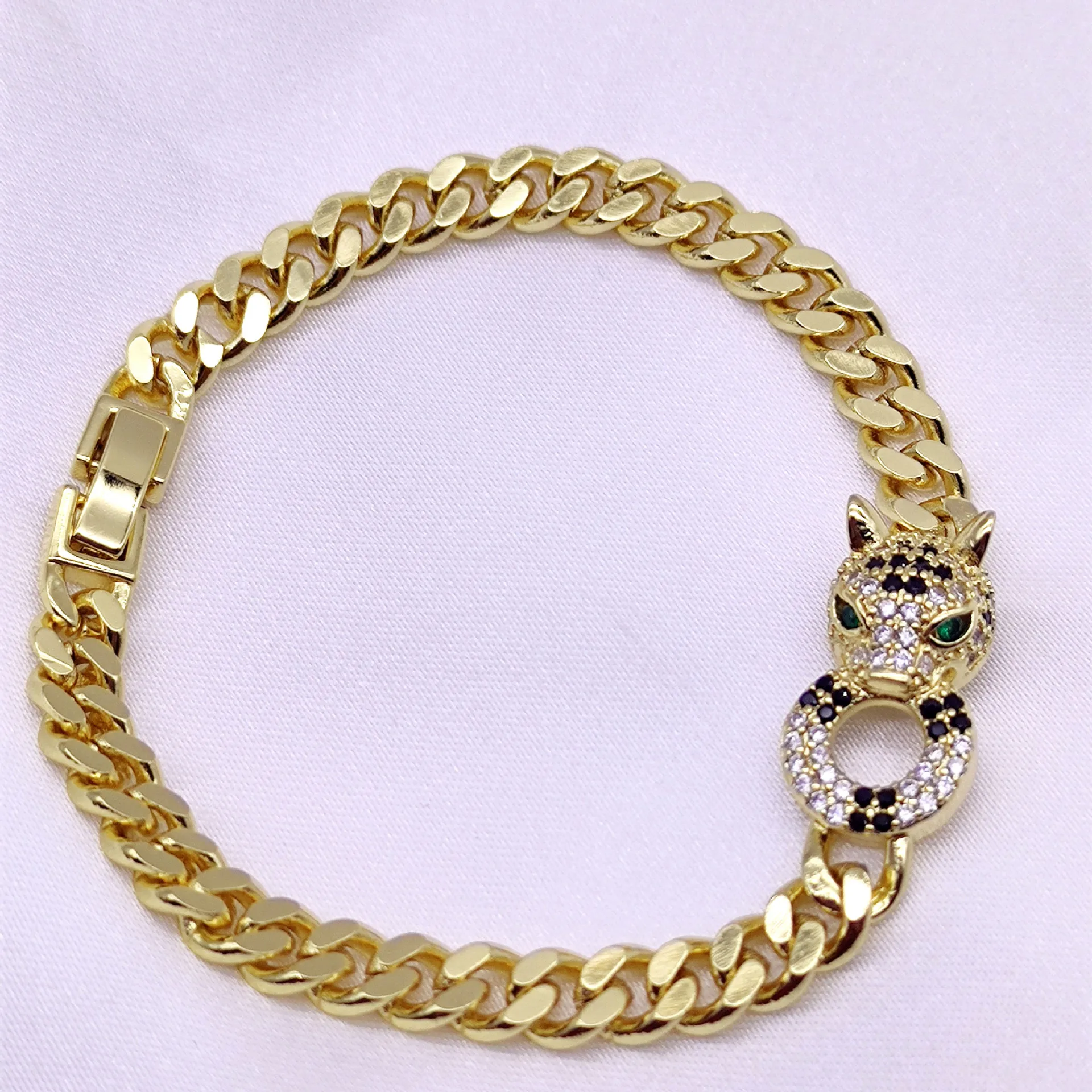 Luxury 14K Gold Plated Leopard Zircon Hip-hop Cuban Chain Bracelet Personality Jewelry for Women Bracelet