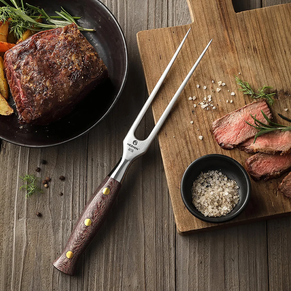 XINZUO New Forged Carving Fork BBQ Grilling Roasting Meat Kitchen Cooking 430 Stainless Steel Micarta Handle Barbecue Cookware