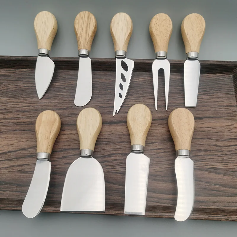 Set Of 4 Cheese Knives Oak Bamboo Wood Handle Slicer Kit Knifes Kitchen Wooden Handle Cheese Knife Set
