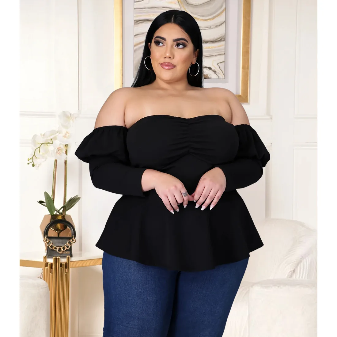 Plus Size Short Dress Off Shoulder Top Strapless Puff Sleeve Ruffle One Shoulder Women Fashion Long Sleeve Corset Club Dress