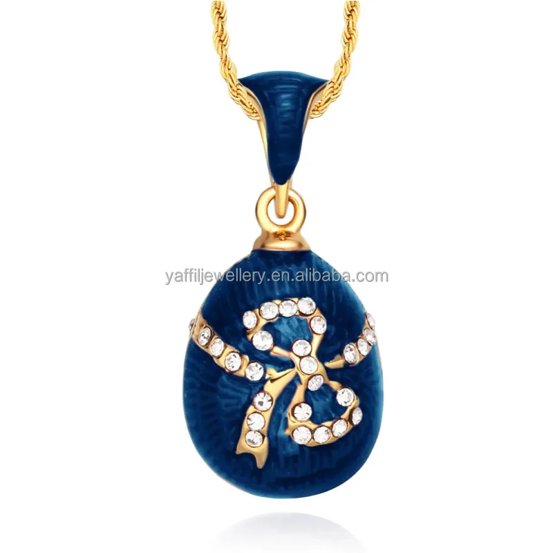 Premium Enamel Handmade Jewelry Brass Vintage Egg Bow Pendant Charm Crystal Rhinestone Necklace For Women Jewelry